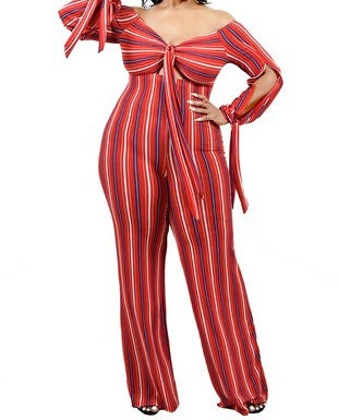 Plus Red Striped Off-Shoulder Jumpsuit