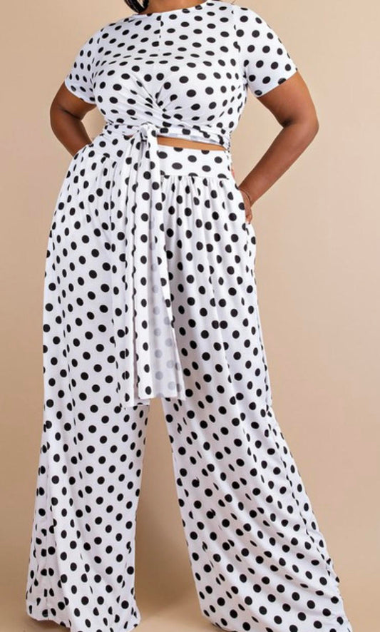 Polkadot 2-Piece Wrap Top and Wide Leg Pants Set