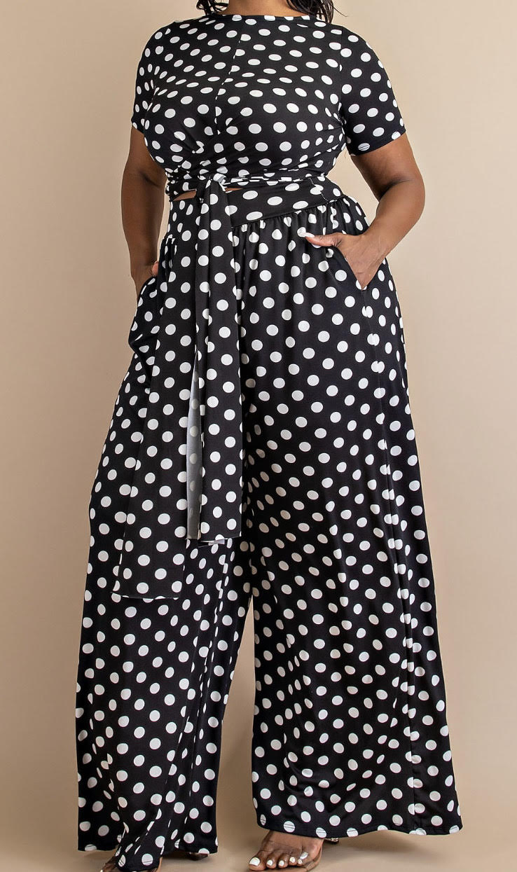 Polkadot 2-Piece Wrap Top and Wide Leg Pants Set